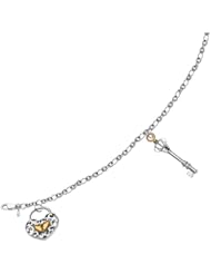 14K Yellow Gold & Sterling Silver Designer Scroll Heart Lock and Key Bracelet