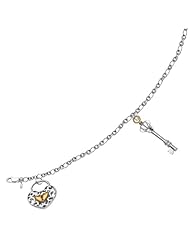 14K Yellow Gold & Sterling Silver Designer Scroll Heart Lock and Key Bracelet