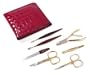 24K Gold-plated Ladies Manicure Set in Red Leather Case. Made by Niegeloh in Solingen, Germany
