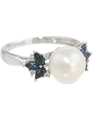10k White Gold Sapphire, Freshwater Cultured Pearl and Diamond Ring (0.06 cttw GH, Color, I2-I3 Clarity), Size 8