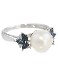 10k White Gold Sapphire, Freshwater Cultured Pearl and Diamond Ring (0.06 cttw GH, Color, I2-I3 Clarity)