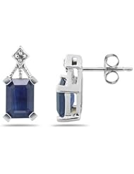 Emerald Cut Sapphire & Diamond Earrings in 14K White Gold