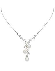 Pearlyta Sterling Silver Bridal White Freshwater Pearl and CZ Leaf Necklace (11-12 mm)