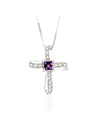 10K White Gold 1/10 ct. Diamond and 3/8 ct. Square Shaped Amethyst Cross Pendant with Chain