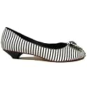 Black White Kitten Heel Bow Peep-Toe Striped Sandals Shoes