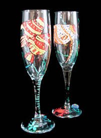 Angel Fish Design - Hand Painted - Matching Set of Toasting Flutes - 6 oz.