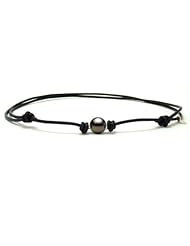 POEMANA perles de culture Ajustable Black Leather Necklace With A Round Tahitian Pearl