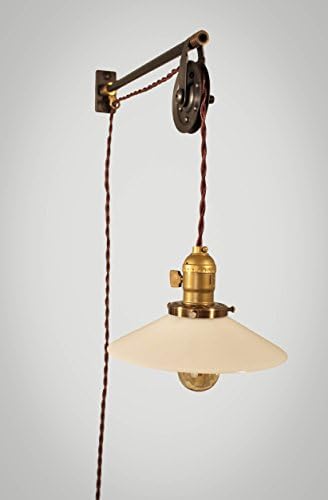 Vintage Industrial Pulley Lamp Fixture - Art Deco Lighting w/ Opal Glass Shade