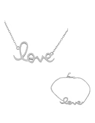 Sterling Silver White Gold Love Heart Charm Womens Girls Pendant Necklace Link Chain Bracelet Set