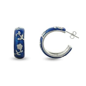 Sterling Silver Blue Enamel Earrings with Vintage Flower Design