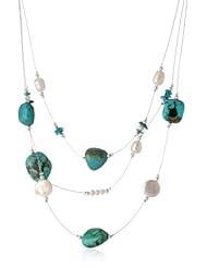 Sterling Silver Bead, Turquoise and Freshwater Cultured Pearl 3-Row Illusion Necklace, 16+3"