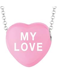 Sterling Silver 17mm Dk Pink enamel Sweethearts MY LOVE Heart Pendant