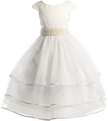 Girls Ankle Length Satin/Tulle Tiered Beaded  Flower-Girl Dress/Pageant Dress  With a Sash  and Pearls