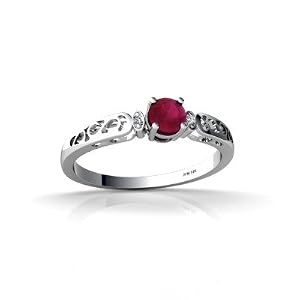 14K White Gold Genuine Round Ruby Filligree Ring - Size 8 by