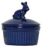 Stoneware Pottery Blue Pate Dish with Rabbit Top Cover 4"D, 3.5"H Set of 2