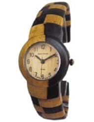 Tense Ladies Round Two Tone Sandalwood Flexible Cuff All Wood Watch L8108DM