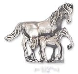 Sterling Silver 32 mm High 3-D Mother Horse Her Baby Horse Pin
