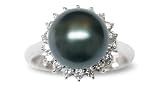 Size 7 18K white gold Sunflower Black Tahitian cultured pearl and diamond ring