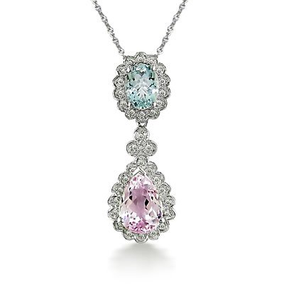 14k White Gold Kunzite and Aqua Diamond Pendant