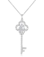Platinum Plated Sterling Silver White Cubic Zirconia Crown Key Pendant Necklace with Pave Stem, 16" + 2" Extender