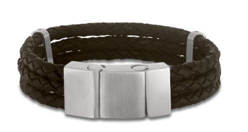 Mens Stainless Steel and Black Leather Triple Braided Bracelet 8 1/2
