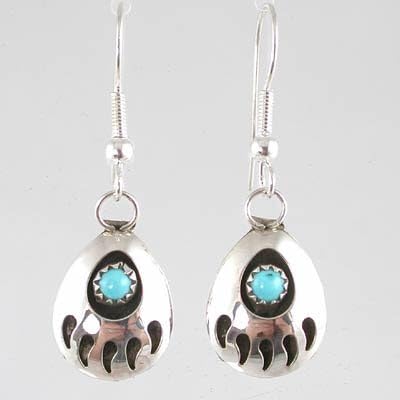 Southwestern Native American Handcrafted Bear Paw Dangle Earrings in Turquoise and Sterling Silver, #2367