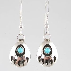 Native American Bear Paw Dangle Earrings in Turquoise and Sterling Silver, #2367