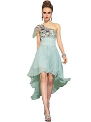 A-line One Shoulder Silk High-Low-Hem Applique Embroidered Asymmetric Pleated  Dress