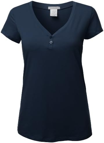 Doublju Plus Womens Basic Short Sleeve Loose Fit V-Neck Henley T-Shirt Plus Size Darkblue XL