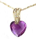 Checkerboard Heart Cut Genuine Amethyst and 10K Yellow Gold Pendant Necklace Gift Boxed