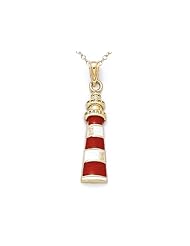 14kt Yellow Gold Red and White Enamelled Lighthouse Pendant - Chain Included