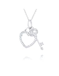 Rhodium Plated 925 Sterling Silver Heart and Key Cubic Zirconia Necklace