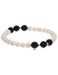White Freshwater Cultured Pearl with Black Onyx Accents and Gold over Silver Beads Stretch Bracelet, 7.5"