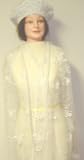 Js17, Hand Crocheted White Chenille and Gimp Tweed Beret Offered in Combination with White Fancy Silk Scarf with Long Pearl Necklace for Women and Teens