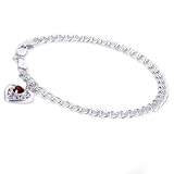 Sterling Silver Double Open Link Bracelet w/ Garnet Heart Charm - 7
