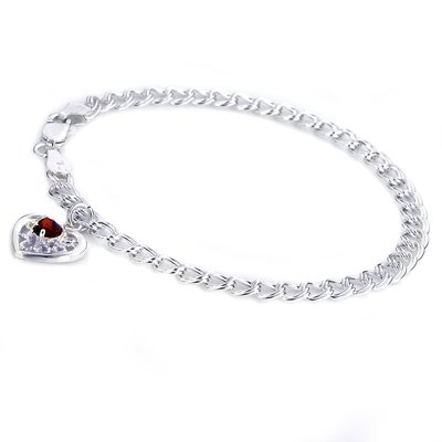 Sterling Silver Double Open Link Bracelet w/ Garnet Heart Charm - 7