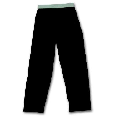 Click here to buy Solid black cotton jersey pants exposed elastic waist, unisex false fly, available in 5... by Purple Zebra.