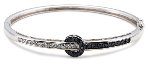 Sterling Silver Black and White Diamond Bangle Bracelet, (0.75 cttw)