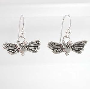 LOVE on a Winged Heart Dangle Earrings in Sterling Silver, #8891