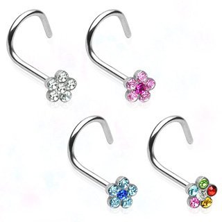 316L Surgical Steel Nose Screw with Clear Gem Paved Flower - 18G - 3mm Gem Size - Sold Individually