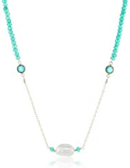 Gemstone Rondelle, White Baroque Freshwater Cultured Pearl, and Swarovski Elements Bezel Accents on Gold Over Silver Chain Necklace, 36"
