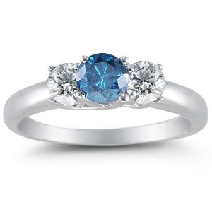 14K White Gold Round 3 Stone Blue Diamond & White Diamond Ring (1/2 ctw)