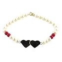 14K Freshwater Pearl and Coral Double Heart Bracelet -Multi