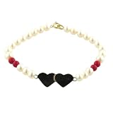 14K Freshwater Pearl and Coral Double Heart Bracelet -Multi