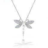 Bling Jewelry Sterling Silver CZ Pave 5MM Freshwater Pearl Dragonfly Pendant Necklace