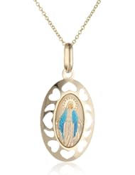 14k Yellow Gold Blessed Virgin Mary Oval Picture Medal Necklace, 18"