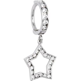Solid 14KT White Gold Cubic Zircnoia HOLLOW STAR Hoop Belly Ring by 