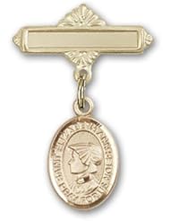 Gold Filled Baby Badge with St. Elizabeth Ann Seton Charm and Polished Badge Pin
