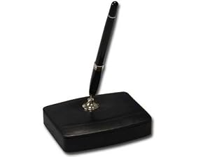 Black Leather Single Pen Stand with Silver Accents