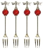 Decorative Dragonfly Cocktail Fork Set of Four with Ruby Red Glass Bead